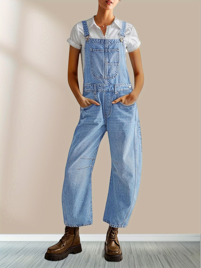Solid Adjustable Strap Overall Jumpsuit, Casual With Pockets Sleeveless Overall Jumpsuit For Spring & Summer, Women's Clothing