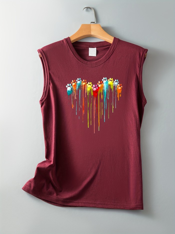 Colorful Paw Print Crew Neck Tank Top, Casual Sleeveless Top For Summer, Women's Clothing