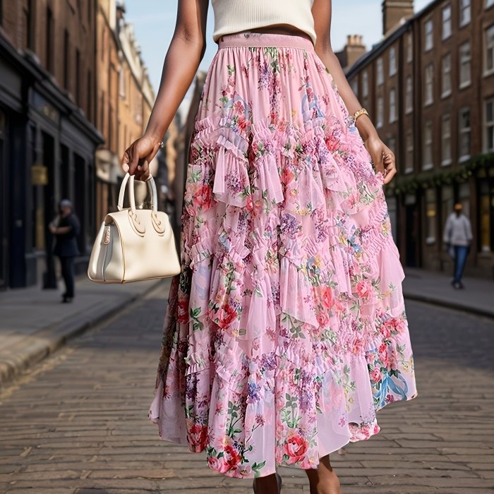 Floral Print Elastic Waist Skirt, Casual A-line Tiered Skirt For Spring & Summer, Women's Clothing