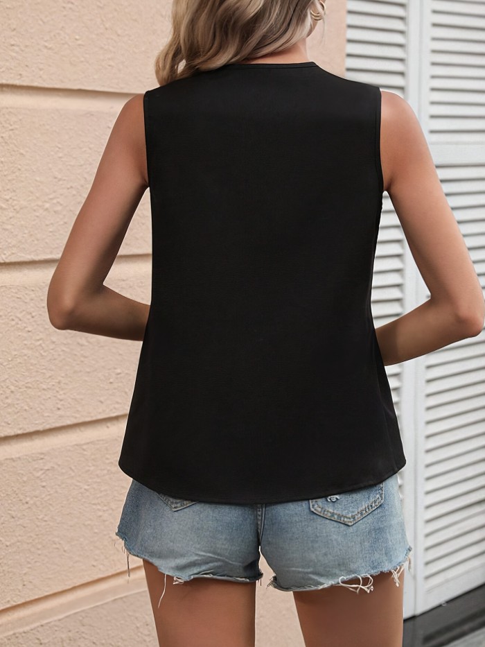 Color Block Notched Neck Blouse, Elegant Sleeveless Asymmetrical Blouse For Spring & Summer, Women's Clothing
