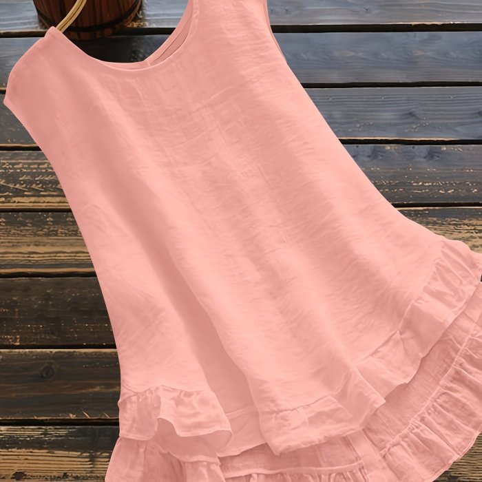 Solid Color Button Back Blouse, Elegant Crew Neck Ruffle Trim Sleeveless Blouse, Women's Clothing