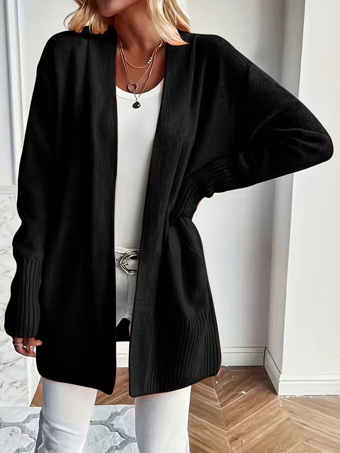 Solid Open Front Knit Cardigan, Casual Long Sleeve Loose Sweater With Pocket, Women's Clothing