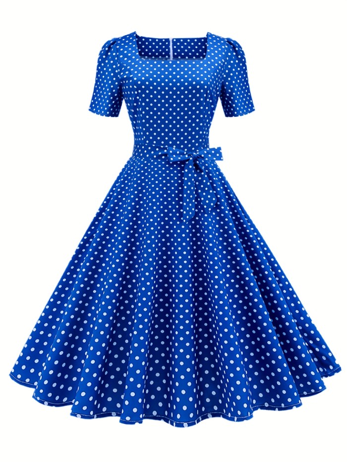 Polka Dot Bow Front Dress, Vintage Elegant Square Neck Short Sleeve Dress, Women's Clothing