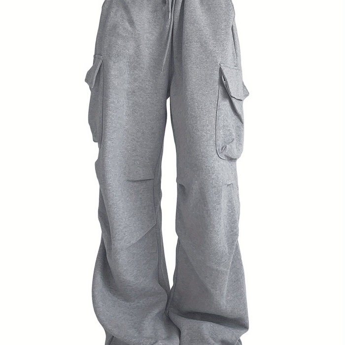 Flap Pockets Drawstring Loose Pants, Casual Solid Color Pants For Spring & Fall, Women's Clothing