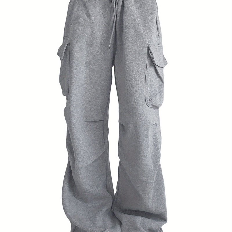 Flap Pockets Drawstring Loose Pants, Casual Solid Color Pants For Spring & Fall, Women's Clothing