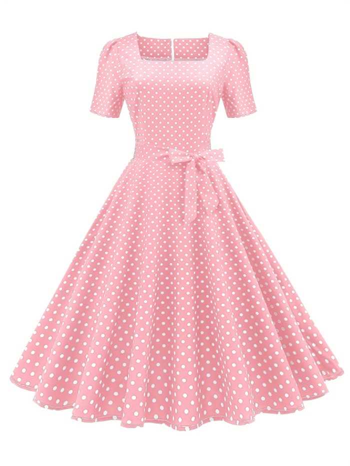 Polka Dot Bow Front Dress, Vintage Elegant Square Neck Short Sleeve Dress, Women's Clothing