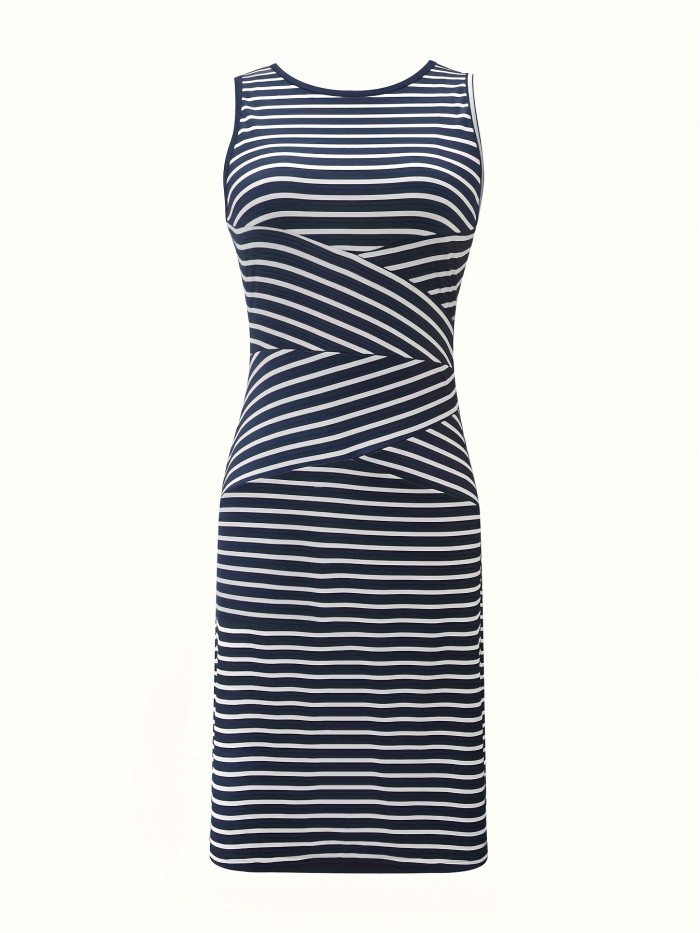 Striped Crew Neck Tank Dress, Casual Sleeveless Dress For Spring & Summer, Women's Clothing