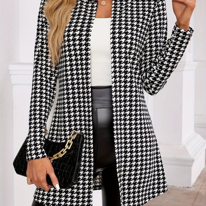 Houndstooth Open Front Outwear, Versatile Long Sleeve Outwear For Spring & Fall, Women's Clothing