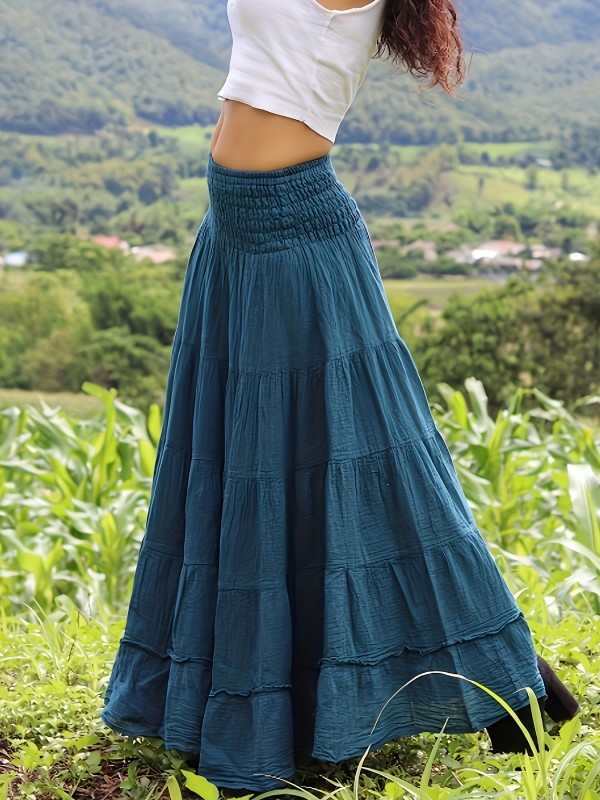 Flattering Shirred Waist A-line Maxi Skirt - Flowy & Stylish for Spring & Summer - Womens Fashion Must-Have