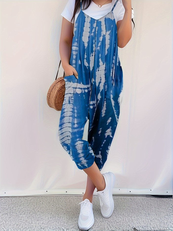 Solid Patched Pockets Overall Jumpsuit, Versatile V-neck Overall Jumpsuit For Spring & Summer, Women's Clothing