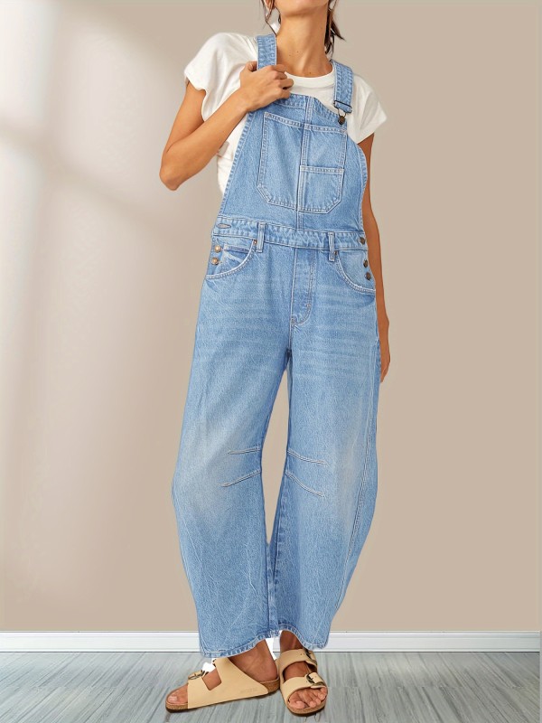 Solid Adjustable Strap Overall Jumpsuit, Casual With Pockets Sleeveless Overall Jumpsuit For Spring & Summer, Women's Clothing