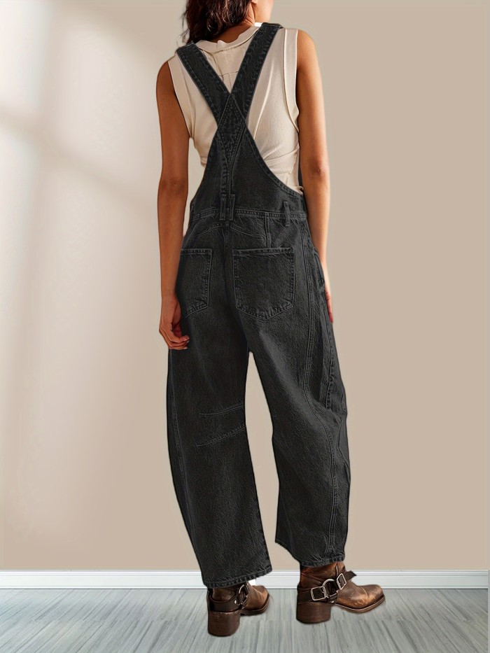 Solid Adjustable Strap Overall Jumpsuit, Casual With Pockets Sleeveless Overall Jumpsuit For Spring & Summer, Women's Clothing