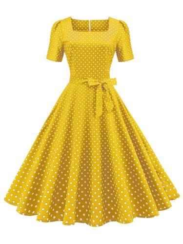 Polka Dot Bow Front Dress, Vintage Elegant Square Neck Short Sleeve Dress, Women's Clothing