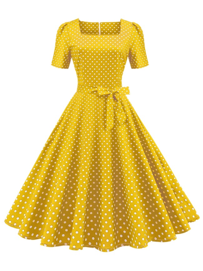 Polka Dot Bow Front Dress, Vintage Elegant Square Neck Short Sleeve Dress, Women's Clothing