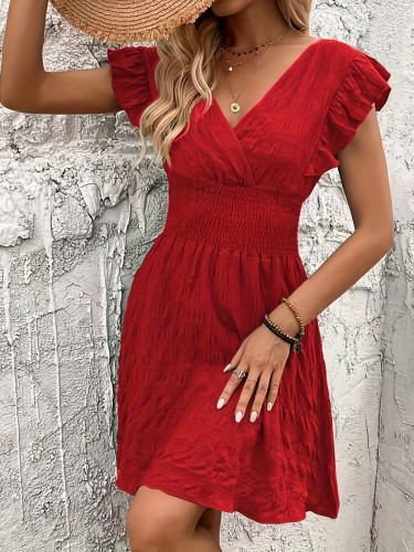 Solid Surplice Neck Dress, Casual Ruffle Sleeve Dress For Summer & Spring, Women's Clothing