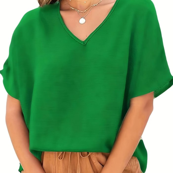 Solid Versatile Blouse, Casual V Neck Short Sleeve Blouse, Women's Clothing
