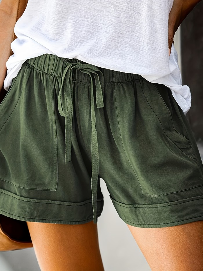 Drawstring Elastic Waist Shorts, Casual Comfortable Shorts With Pockets For Summer, Women's Clothing