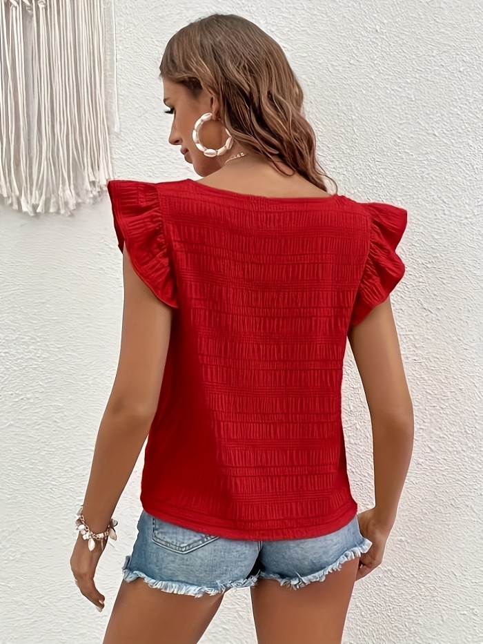 Ruffle Trim Solid Blouse, Elegant Squared Neck Versatile Blouse, Women's Clothing Wedding holiday vacation
