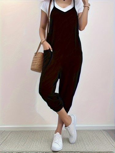 Solid Patched Pockets Overall Jumpsuit, Versatile V-neck Overall Jumpsuit For Spring & Summer, Women's Clothing