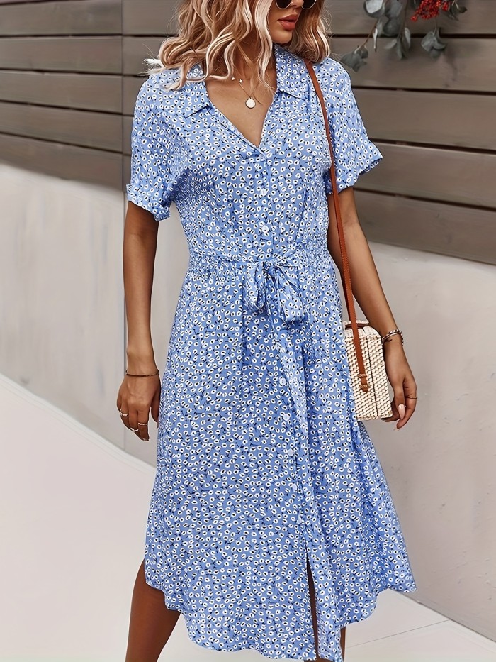 Plus Size Bohemian Print Lapel Neck Dress, Casual Short Sleeve Button Front Belt Dress For Spring & Summer, Women's Plus Size Clothing