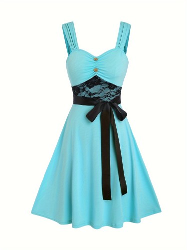 Contrast Lace Sweetheart Neck Tank Dress, Vintage Sleeveless A-line Tank Dress For Spring & Summer, Women's Clothing
