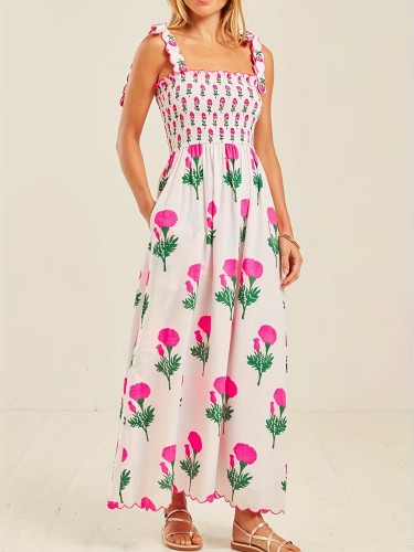 Women's Boho Strappy Dress Y2k Floral Gathered Long Flowy Dress Cute Summer Beach Spaghetti Strap Maxi Tank Dress
