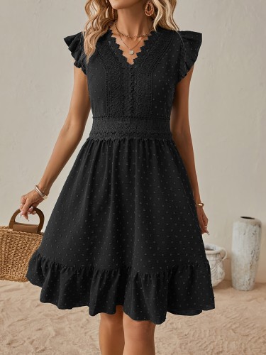 Swiss Dot Lace Splicing Dress, Elegant Ruffle Trim V-neck Aline Dress For Spring & Summer, Women's Clothing