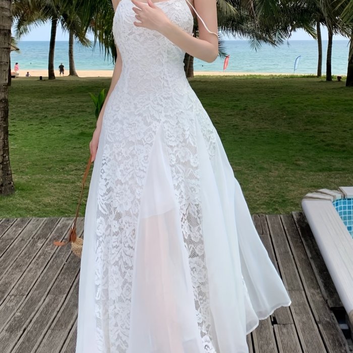 Guipure Lace Backless Cami Dress, Elegant Sleeveless Mesh Stitching Wedding Dress For Spring & Summer, Women's Clothing