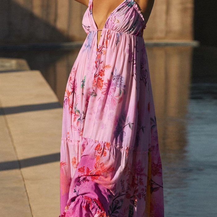 Floral Print Spaghetti Strap Dress, Vacation Style Backless A-line Flowy Maxi Dress For Spring & Summer, Women's Clothing