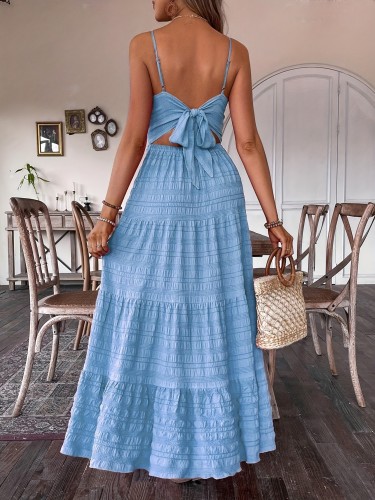 Vibrant Solid Color Slingback Dress - Elegant V-Neck, Backless, Tiered Hem, Flowy Design - Machine Washable, Perfect for Spring and Summer