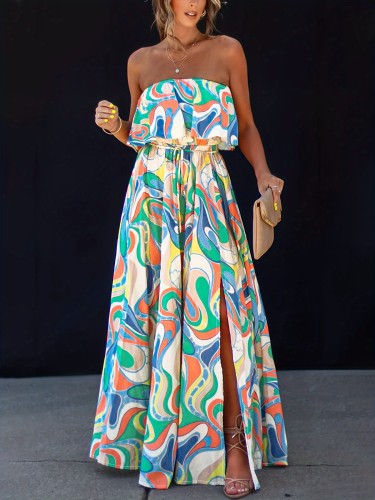 Vibrant Abstract Print Ruffle Hem Maxi Dress - Flattering Split Hem, Comfortable Sleeveless Style, Chic Ruffle Accent - Perfect for Womens Casual Vacation Wear, Beach, or Summer Outings