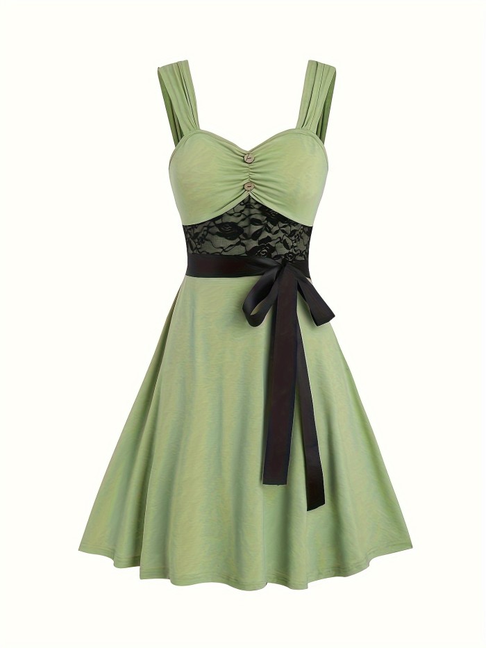 Contrast Lace Sweetheart Neck Tank Dress, Vintage Sleeveless A-line Tank Dress For Spring & Summer, Women's Clothing