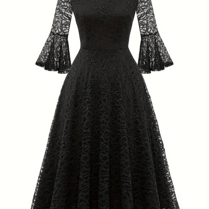 Contrast Guipure Lace Flared Dress, Elegant Bell Sleeve Crew Neck Dress For Party, Women's Clothing
