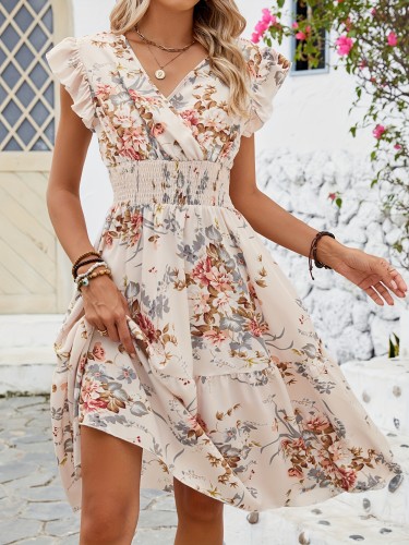 Elegant Peplum A-Line Dress with Crisscross Neck - Shirred Waist, Micro Elasticity, Semi-Sheer, Floral Random Print - Machine Washable, Customized, Spring\u002FSummer Womens Clothing