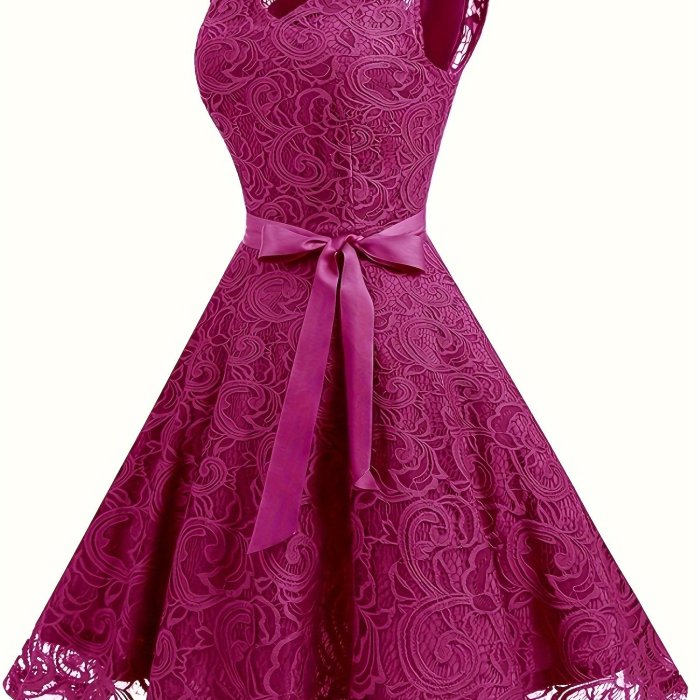 V Neck Tie-waist Lace Dress, Elegant Sleeveless Flared Swing Bridesmaid Dress, Women's Clothing