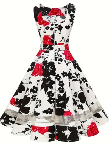 Elegant Floral Bridesmaid Dress 1950s Vintage Tea Length Cotton Blend with Spandex, Crew Neck, A-Line Swing Cocktail Party Dress - Woven Polyester Middle East Style for Adults