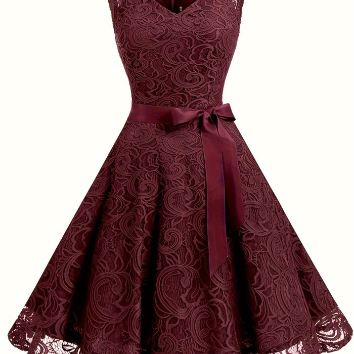 V Neck Tie-waist Lace Dress, Elegant Sleeveless Flared Swing Bridesmaid Dress, Women's Clothing