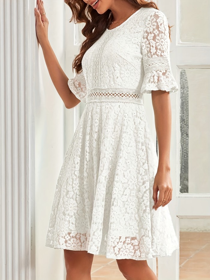 Solid Guipure Lace Waist Dress, Elegant Flared Half Sleeve Crew Neck Dress, Women's Clothing