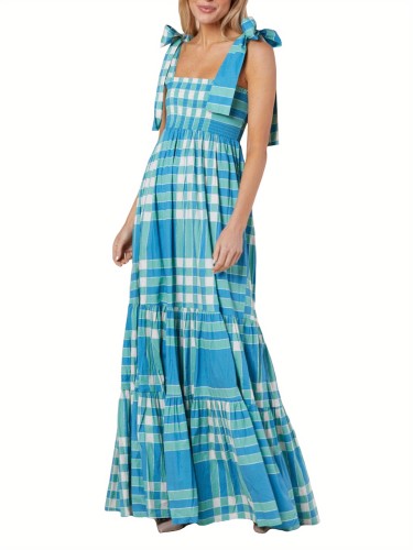 Geo Print Tie Shoulder Dress, Vacation Style Sleeveless Tiered Hem Maxi Dress For Spring & Summer, Women's Clothing