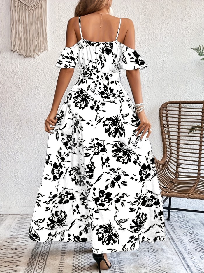 Floral Print Cold Shoulder Belted Dress, Elegant Split Sleeveless Aline Dress For Spring & Summer, Women's Clothing