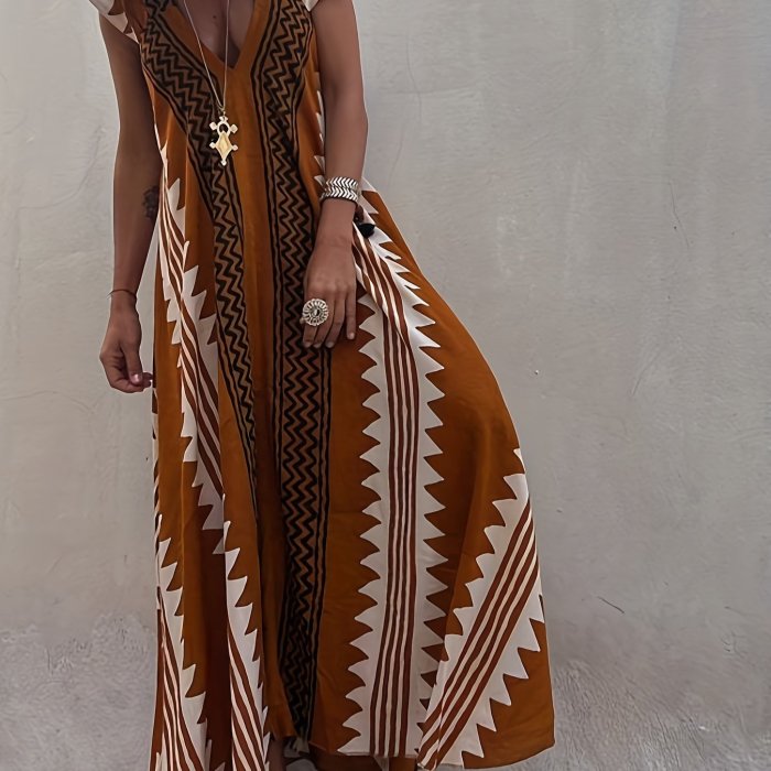 Women's Summer Maxi Dress Vintage Printed Ethnic Style Dress Casual Boho V Neck Short Sleeve Beach Long Dresses