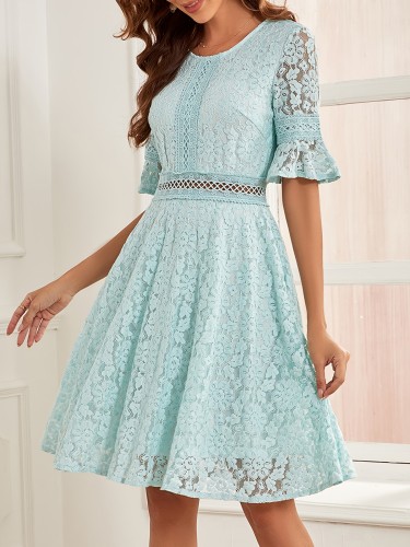 Solid Guipure Lace Waist Dress, Elegant Flared Half Sleeve Crew Neck Dress, Women's Clothing