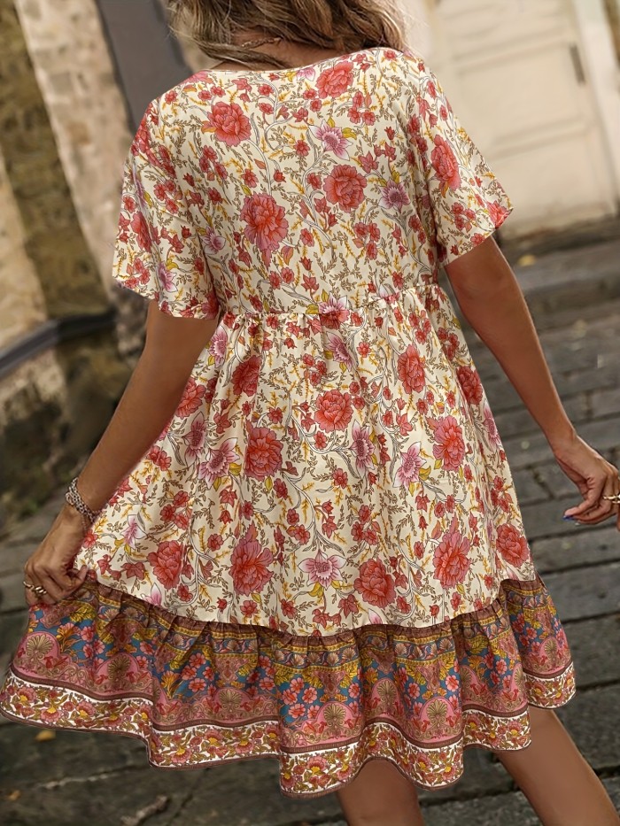 Ethnic Floral Print Dress, Vacation Style Short Sleeve Smocked Dress For Spring & Summer, Women's Clothing
