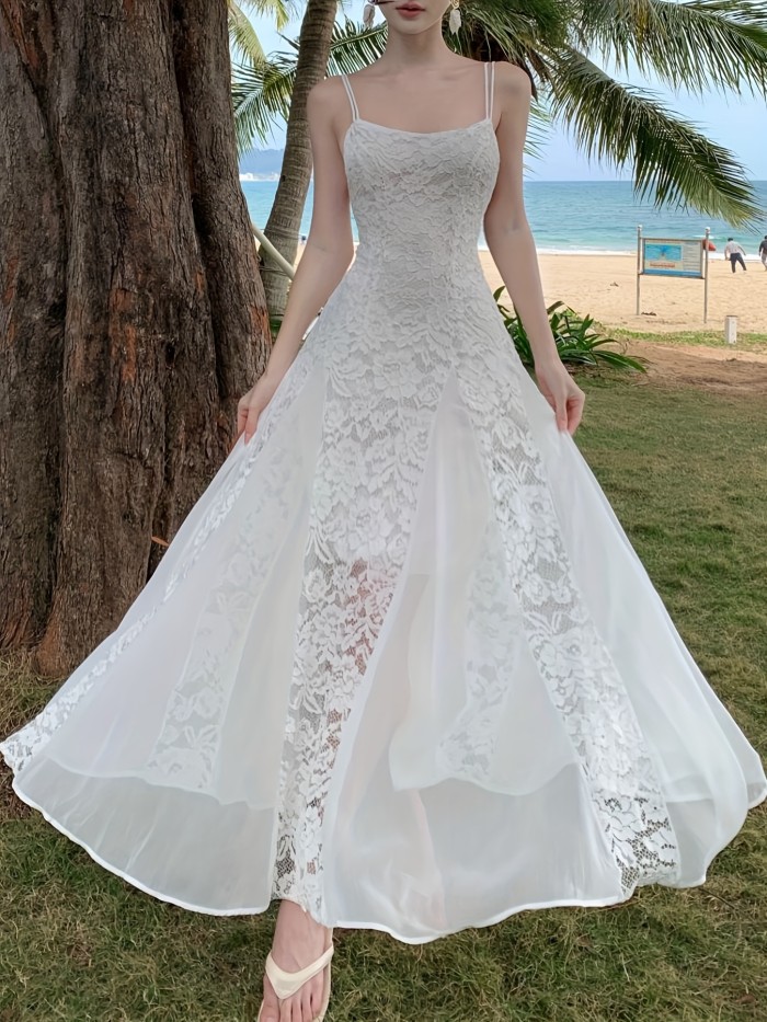 Guipure Lace Backless Cami Dress, Elegant Sleeveless Mesh Stitching Wedding Dress For Spring & Summer, Women's Clothing