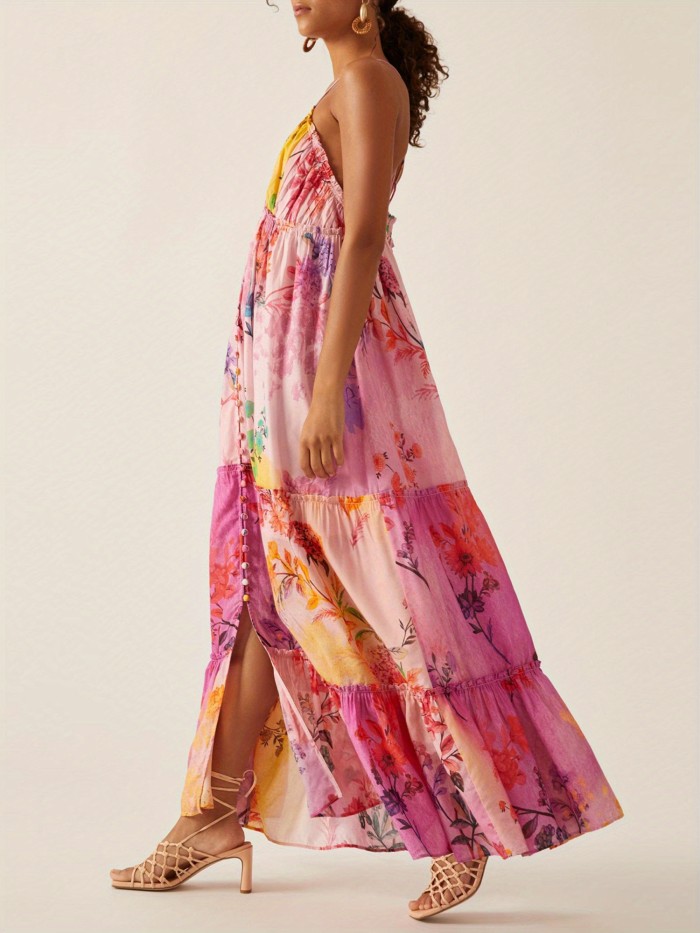 Floral Print Spaghetti Strap Dress, Vacation Style Backless A-line Flowy Maxi Dress For Spring & Summer, Women's Clothing