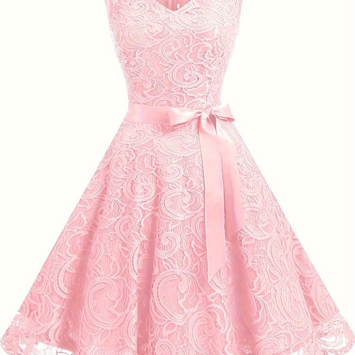 V Neck Tie-waist Lace Dress, Elegant Sleeveless Flared Swing Bridesmaid Dress, Women's Clothing