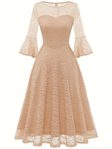 Contrast Guipure Lace Flared Dress, Elegant Bell Sleeve Crew Neck Dress For Party, Women's Clothing