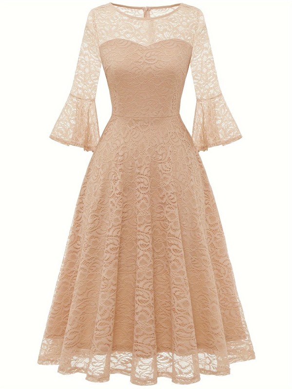 Contrast Guipure Lace Flared Dress, Elegant Bell Sleeve Crew Neck Dress For Party, Women's Clothing