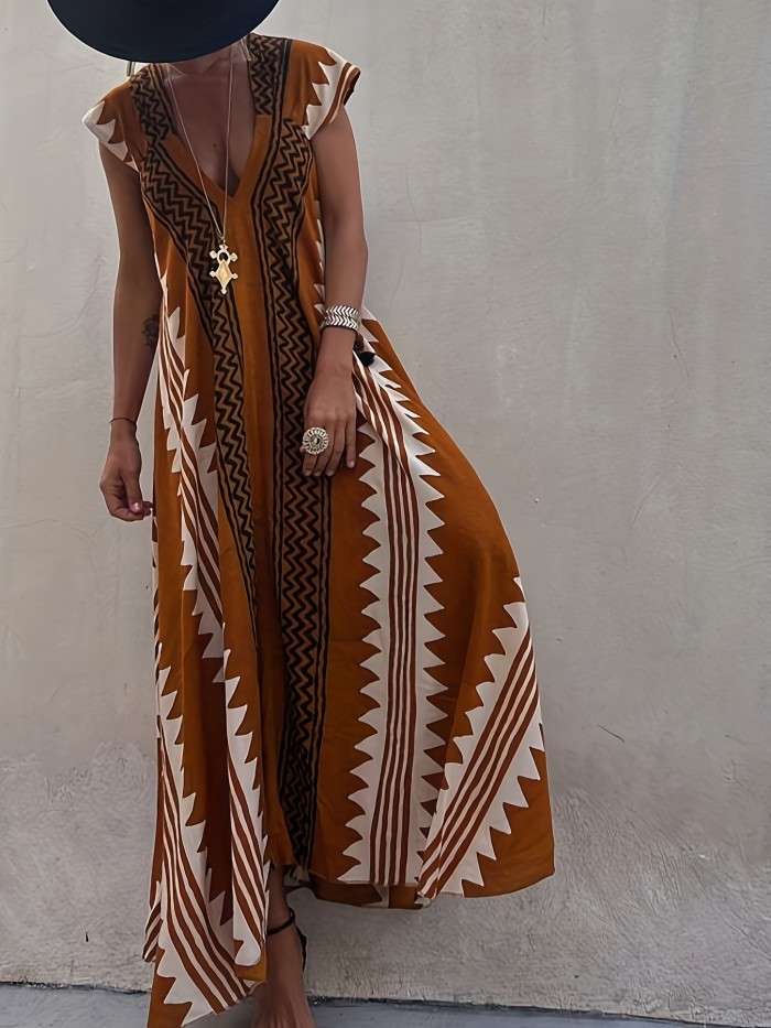 Women's Summer Maxi Dress Vintage Printed Ethnic Style Dress Casual Boho V Neck Short Sleeve Beach Long Dresses