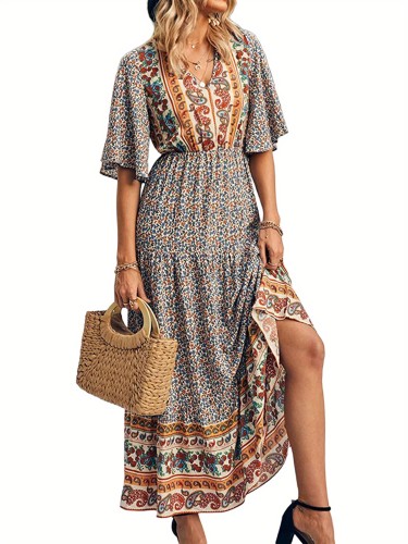 Women's Casual Dress Boho Print Design Short Sleeve V Neck Summer Beach Vacation Elegant Dress